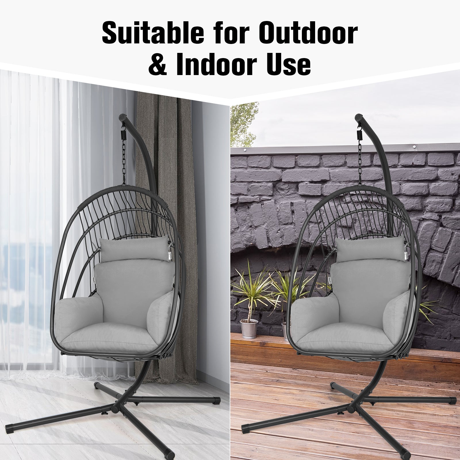 Swing Egg Chair with Stand with Cushion, Pillow and Foldable Seat Basket-Grey