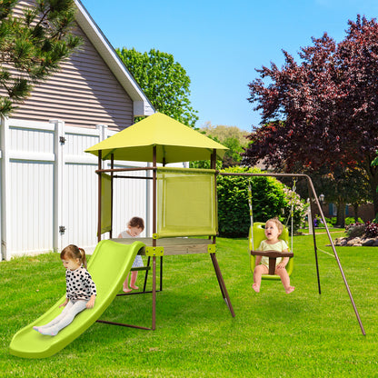 4-in-1 Swing Set with Height Adjustable Baby Seat, Metal Stand and Ground Stakes-Green