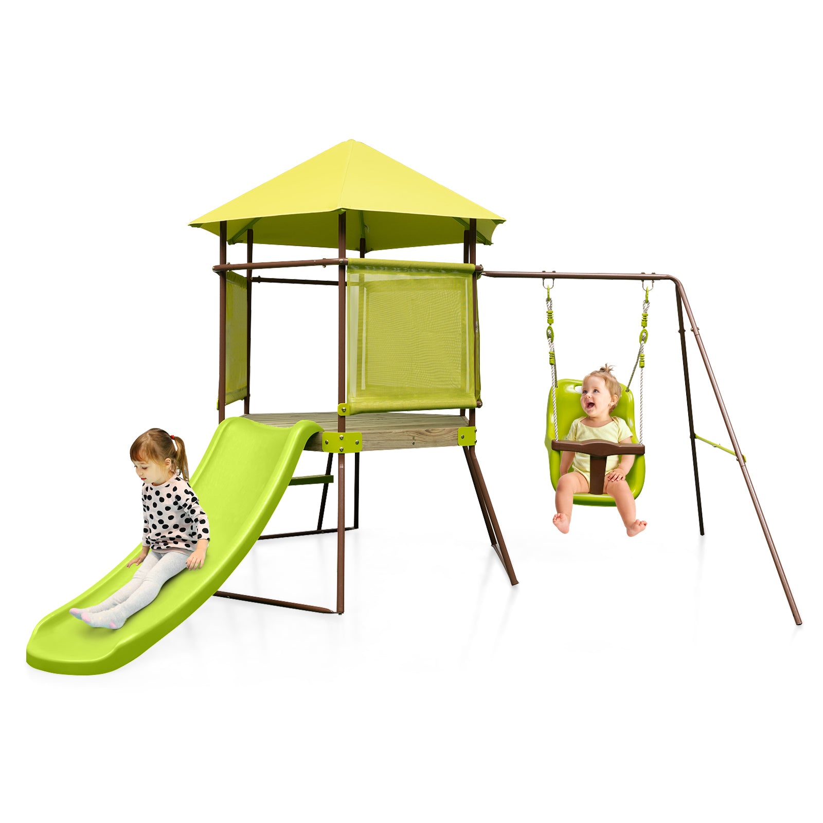 4-in-1 Swing Set with Height Adjustable Baby Seat, Metal Stand and Ground Stakes-Green