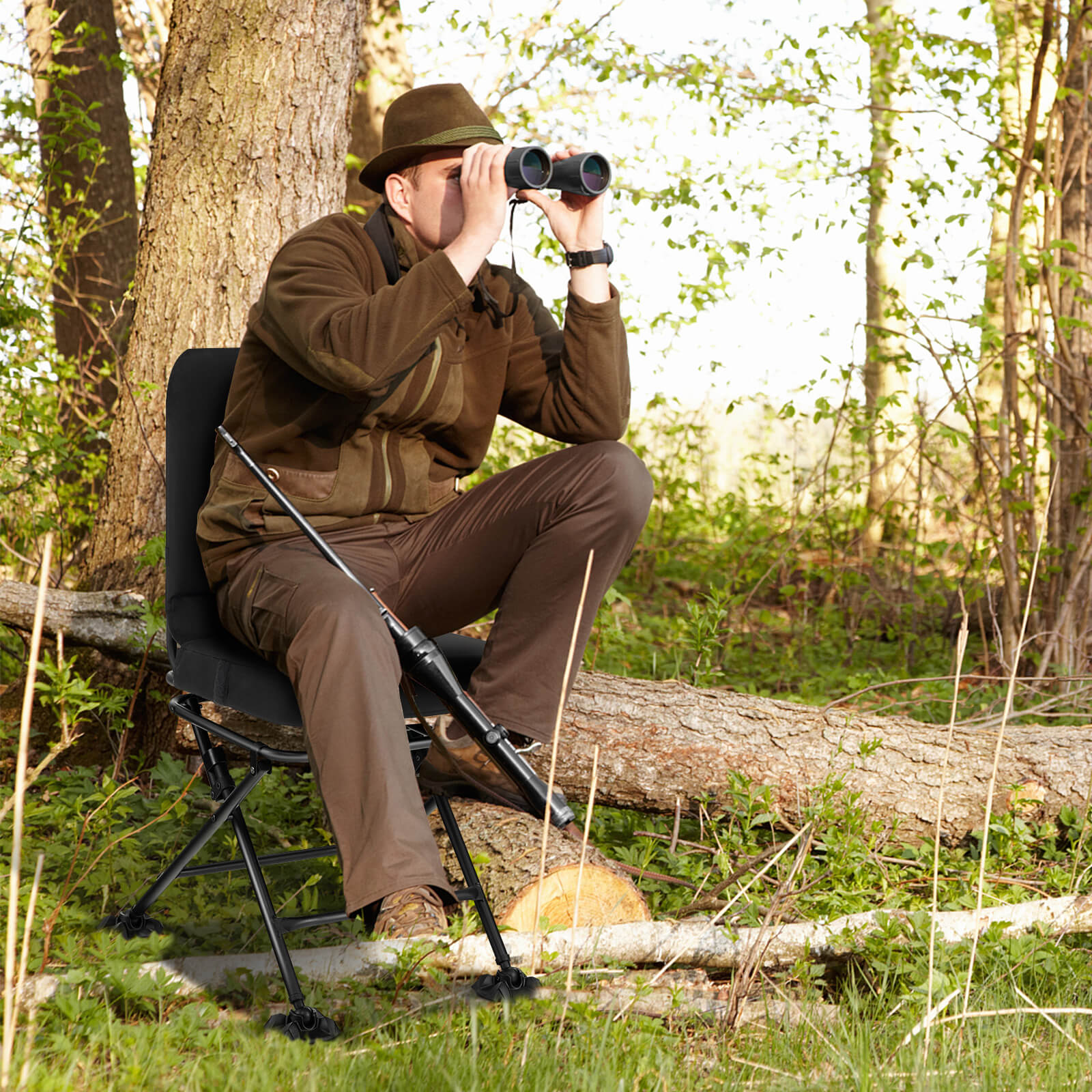 360° Swivel Silent Hunting Chair with Padded Seat and Backrest-Black