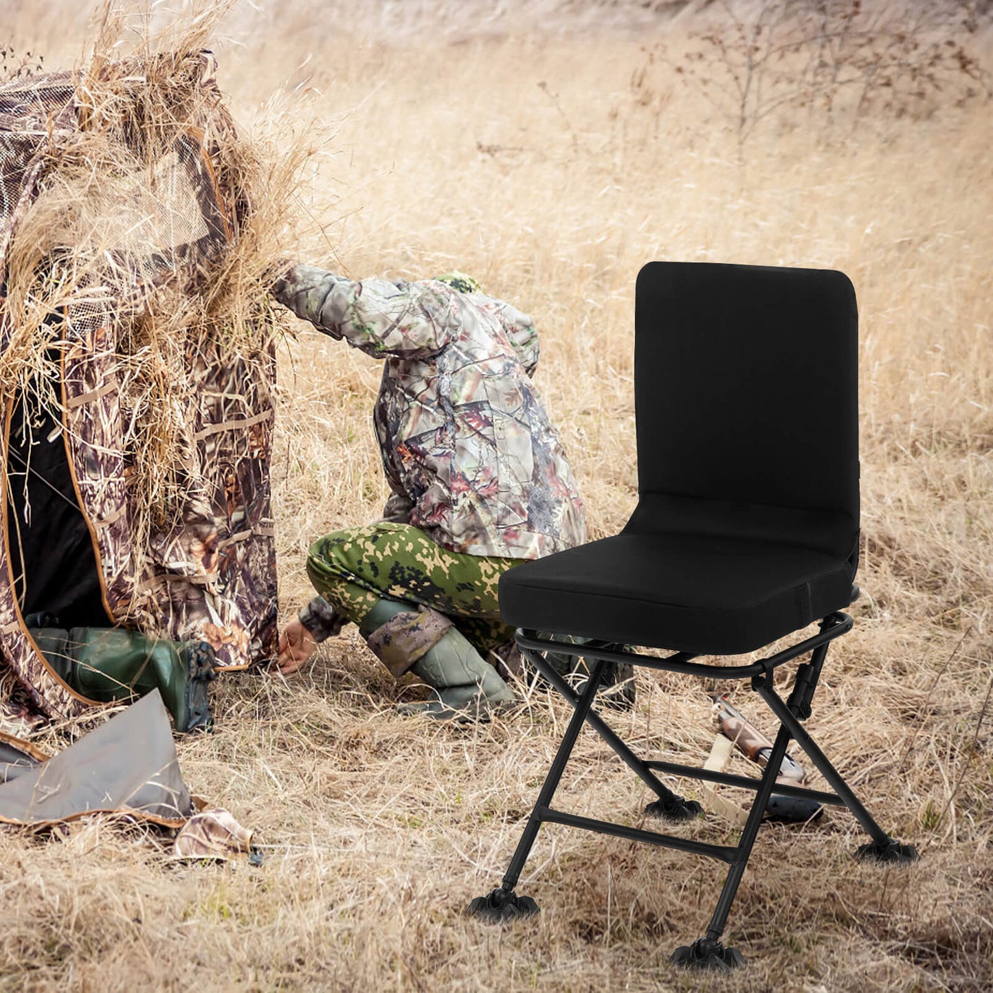 360° Swivel Silent Hunting Chair with Padded Seat and Backrest-Black