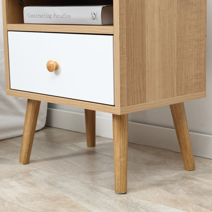 HOMCOM Bedside Table, Bedside Cabinet with Drawer and Shelf, Modern Nightstand, End Table for Living Room, Bedroom, Set of 2, Natural