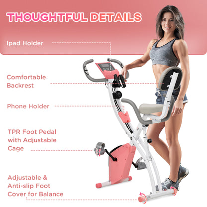 HOMCOM 2-in-1 Upright  Exercise Bike Stationary Foldable Magnetic Recumbent Cycling with Arm Resistance Bands Pink