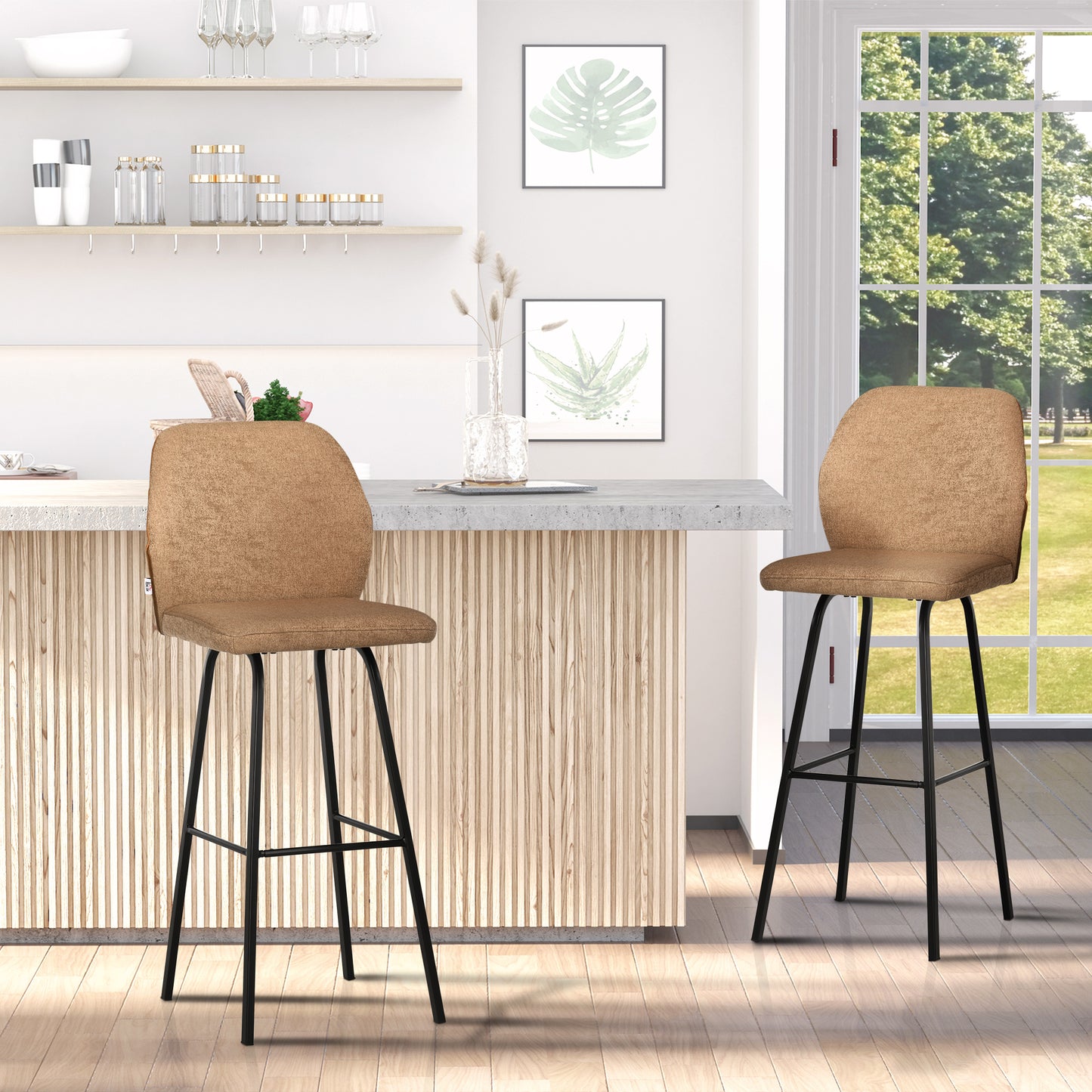 HOMCOM Bar Stools Set of 2, Linen-Touch Upholstered Bar Chairs, Kitchen Stools with Backs and Steel Legs, Light Brown