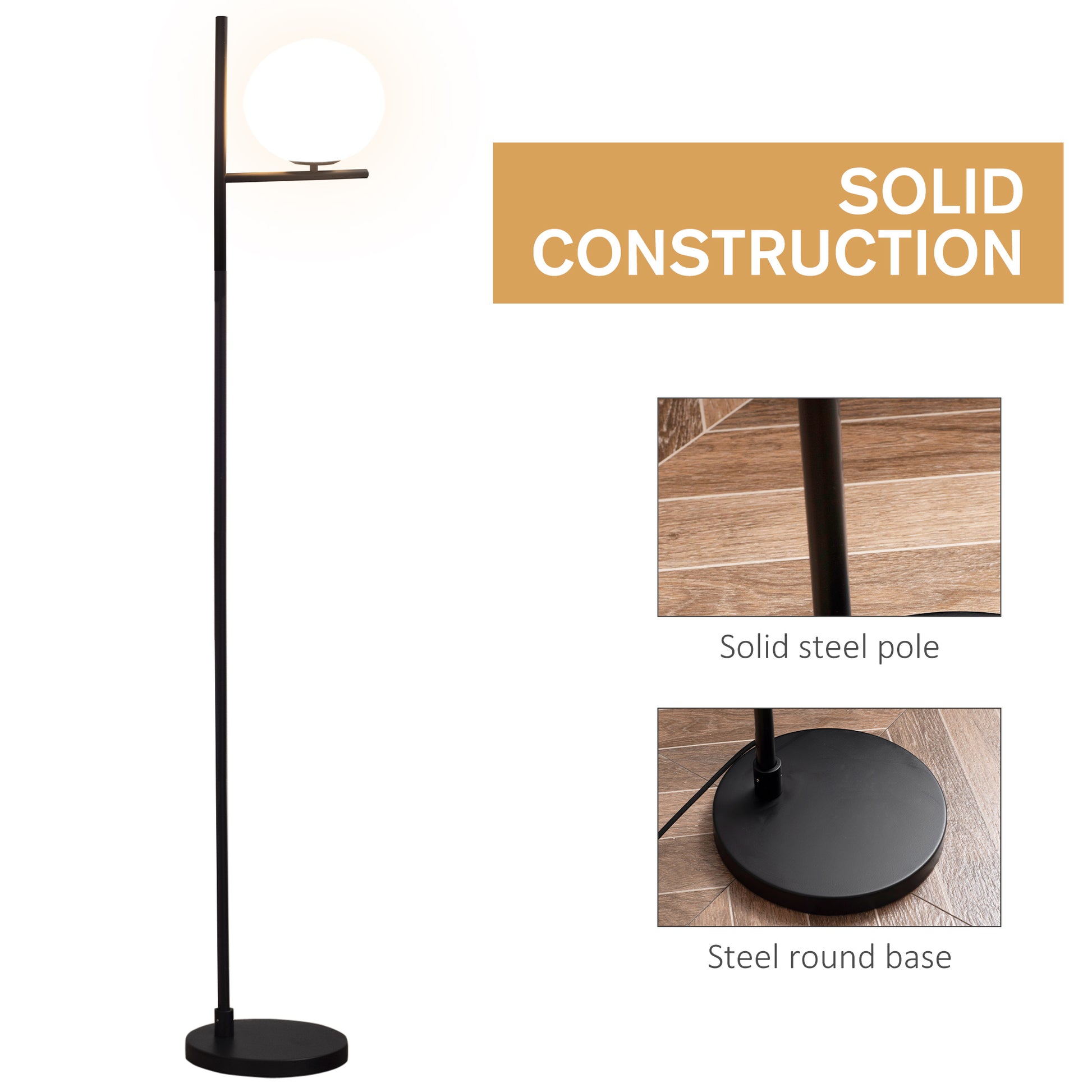 HOMCOM Modern Floor Lamp Metal Frame Sphere Light w/ Pedal Switch Unique Standing Beautiful Furnishing for Home Office Living Room, Black