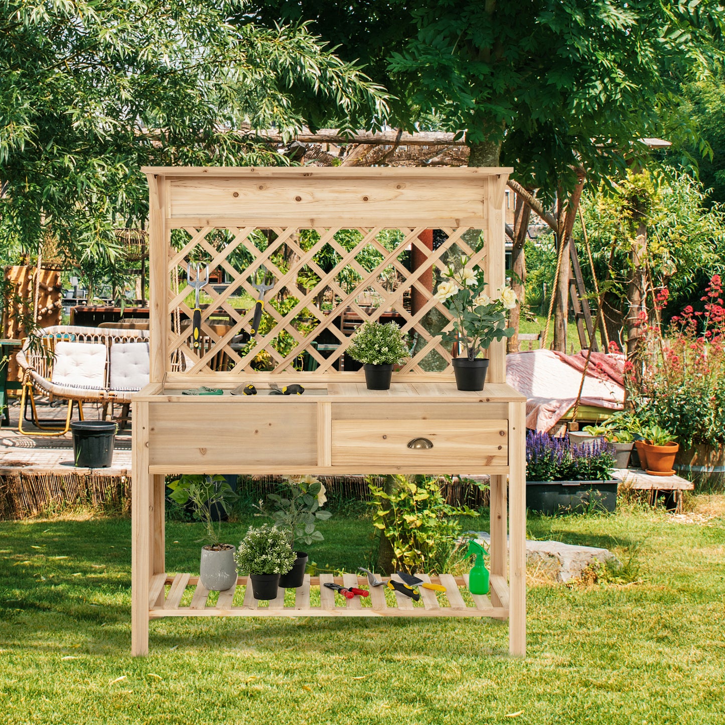 Outdoor Garden Potting Bench Table with Open Shelf and Drawer