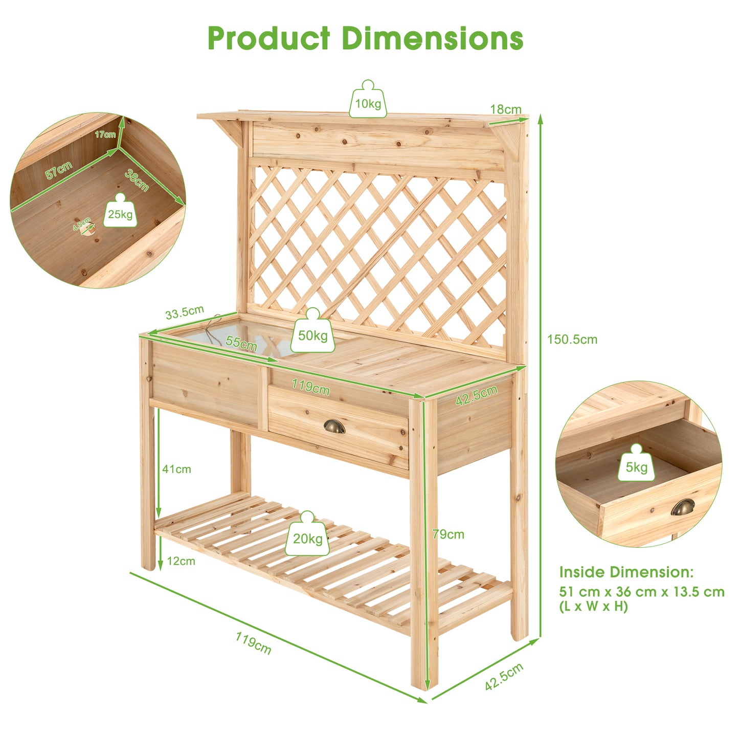 Outdoor Garden Potting Bench Table with Open Shelf and Drawer