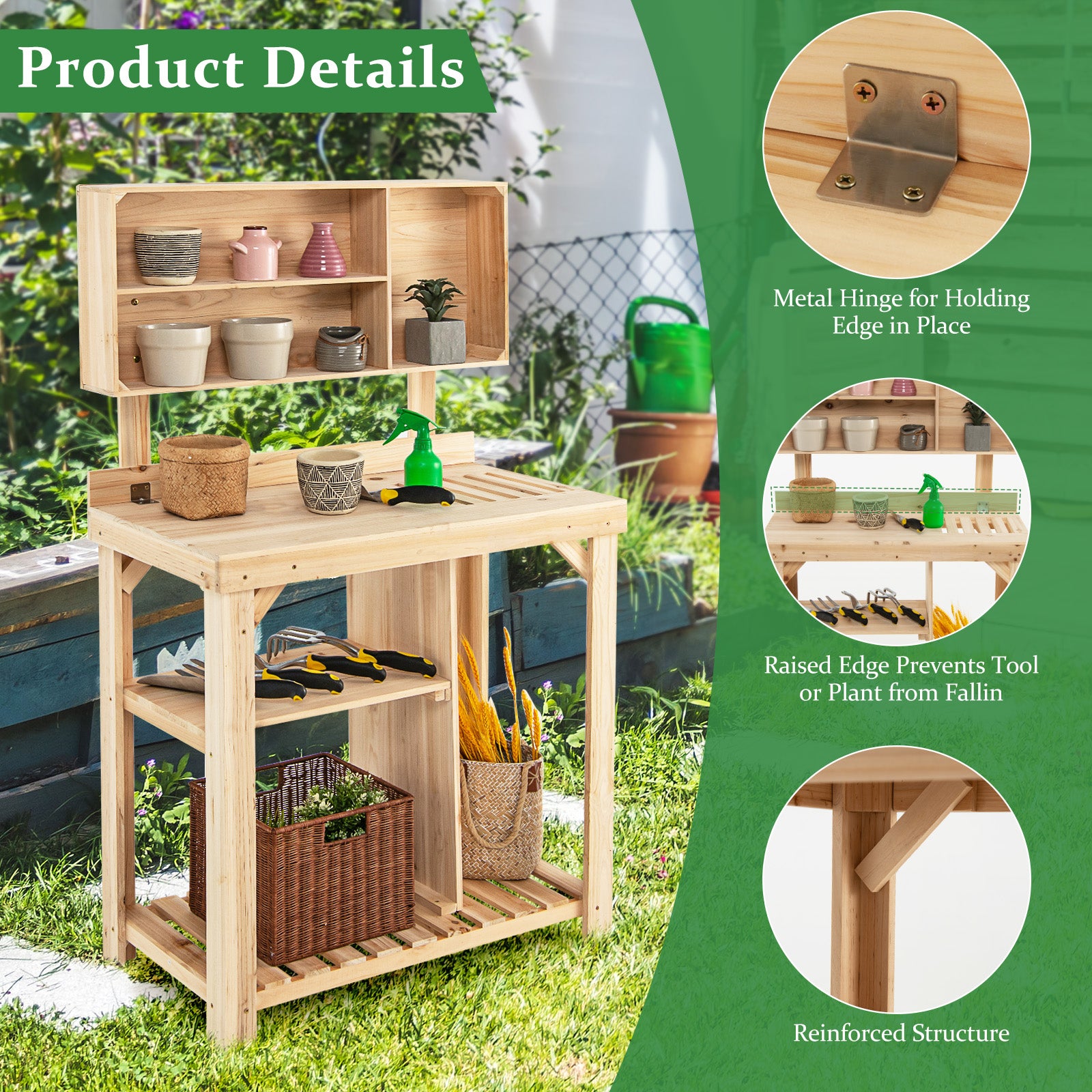 Garden Work Bench with Bottom Shelves and Top Compartments