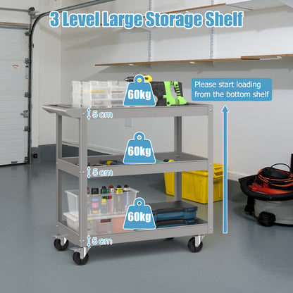 3-Tier Tool Trolley with Handle and Lockable Wheels-Grey