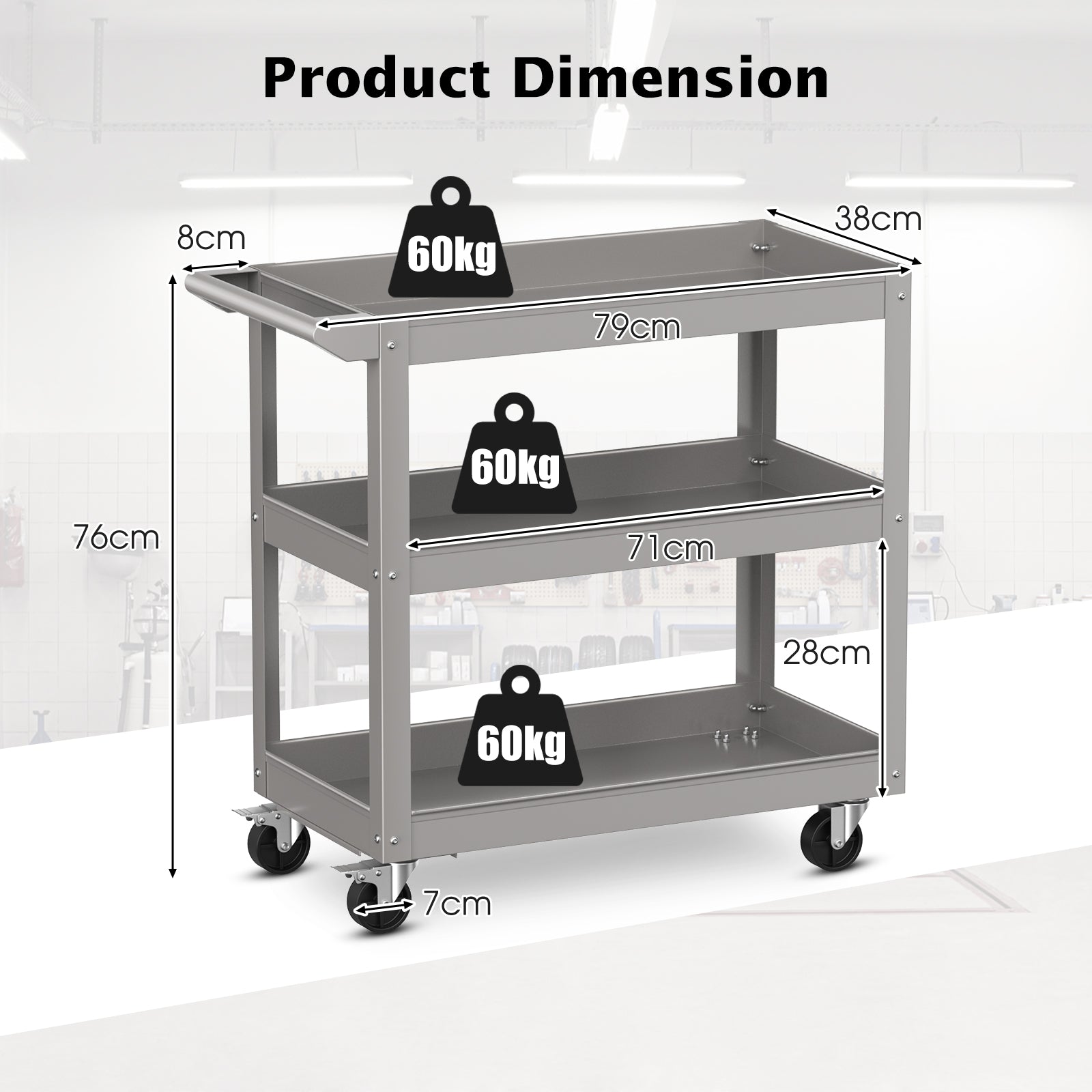 3-Tier Tool Trolley with Handle and Lockable Wheels-Grey