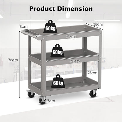 3-Tier Tool Trolley with Handle and Lockable Wheels-Grey