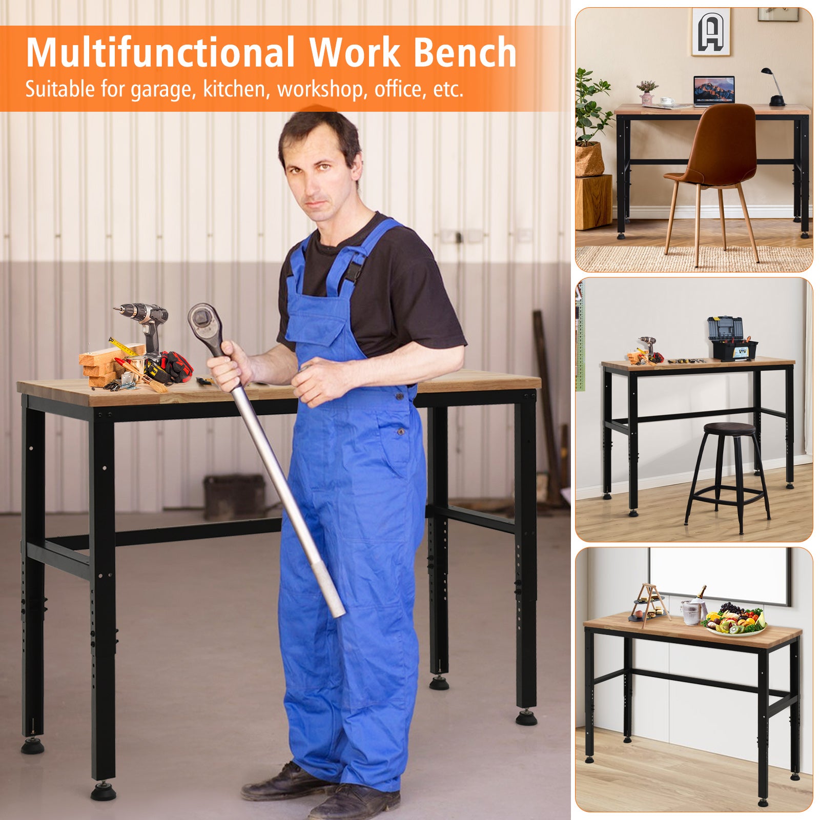 Adjustable Rubber Wood Workbench with 3-level Heights for Workshop