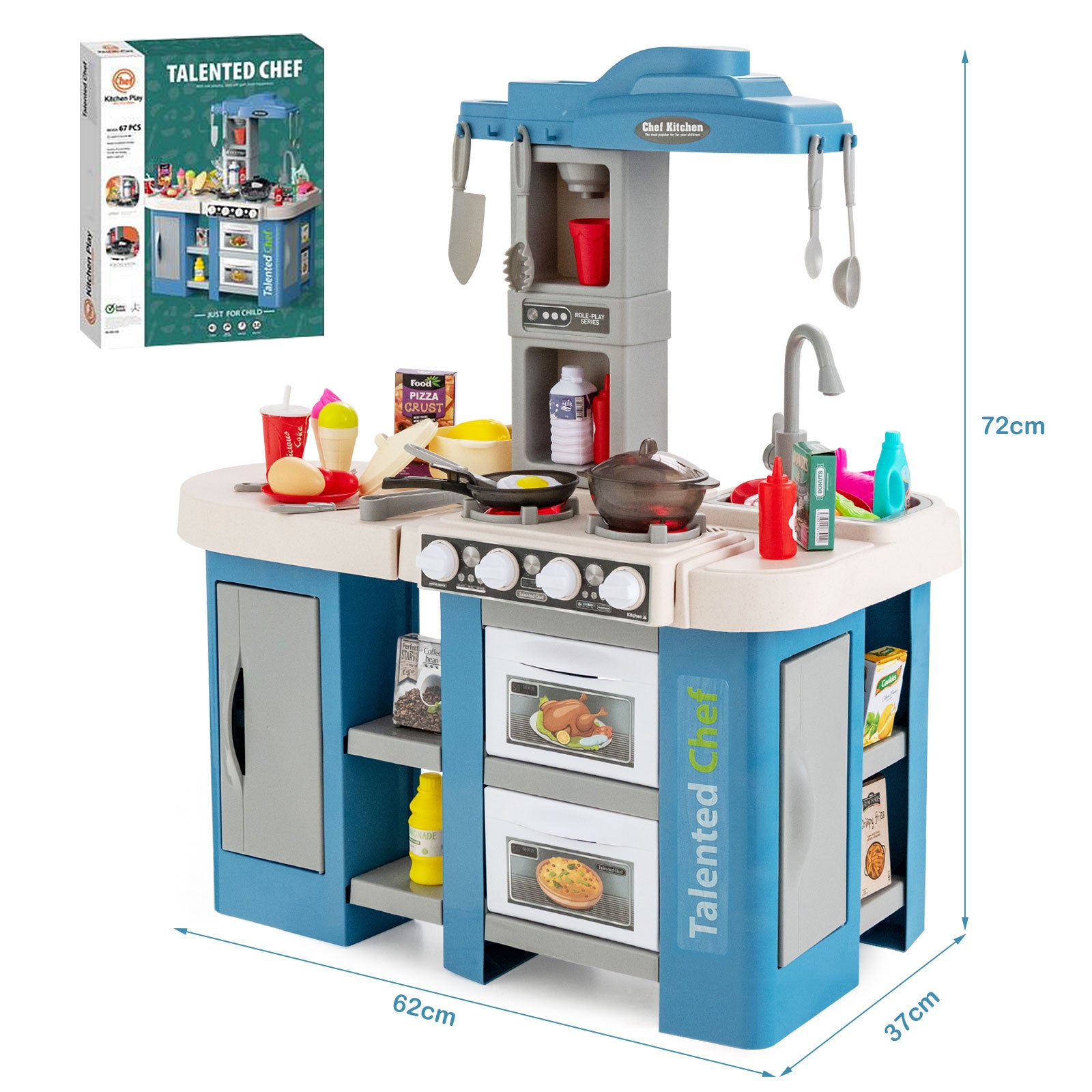 Kids Kitchen Playset with 67 Pieces Accessories and Realistic Lights-Blue