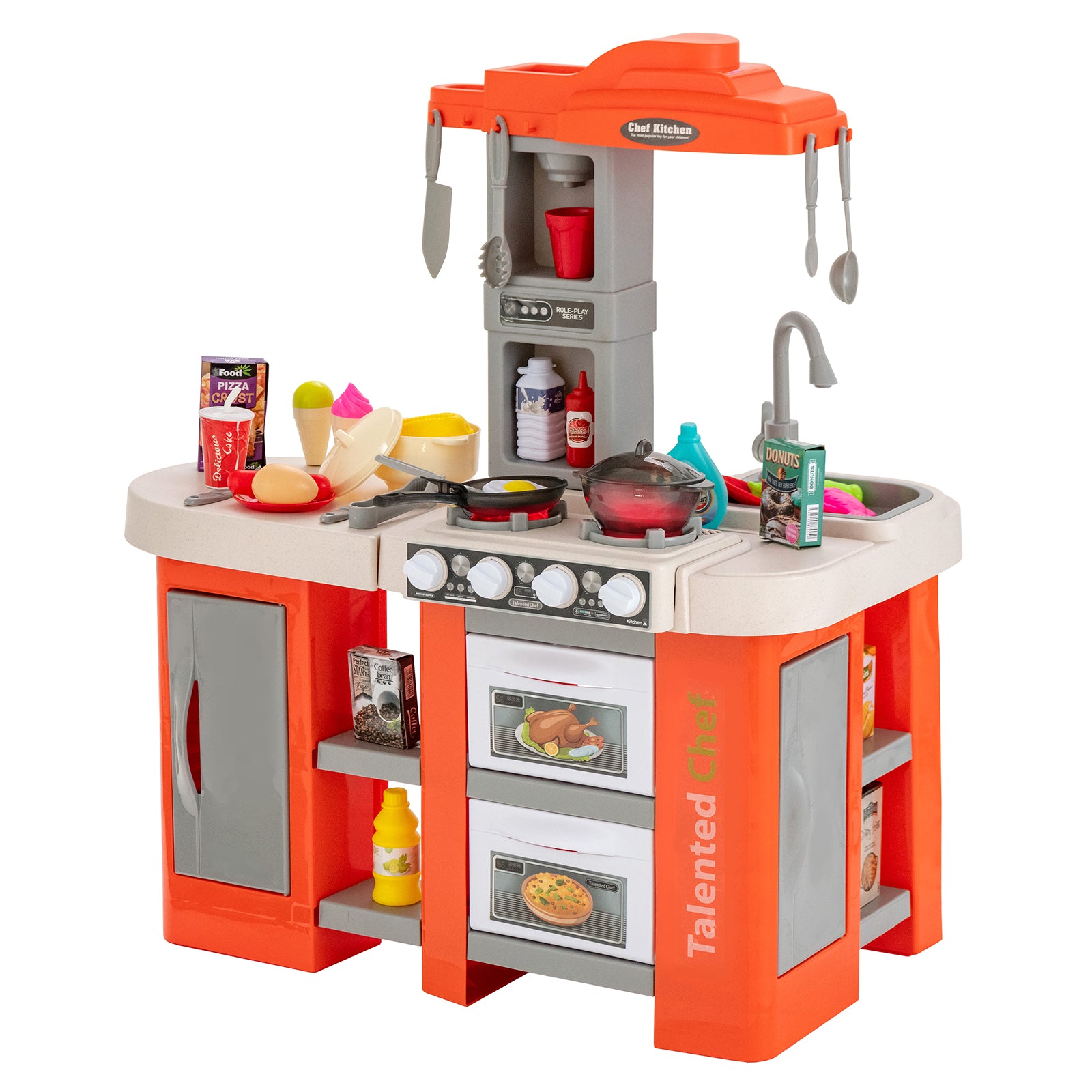 Kids Kitchen Playset with 67 Pieces Accessories and Realistic Lights-Orange