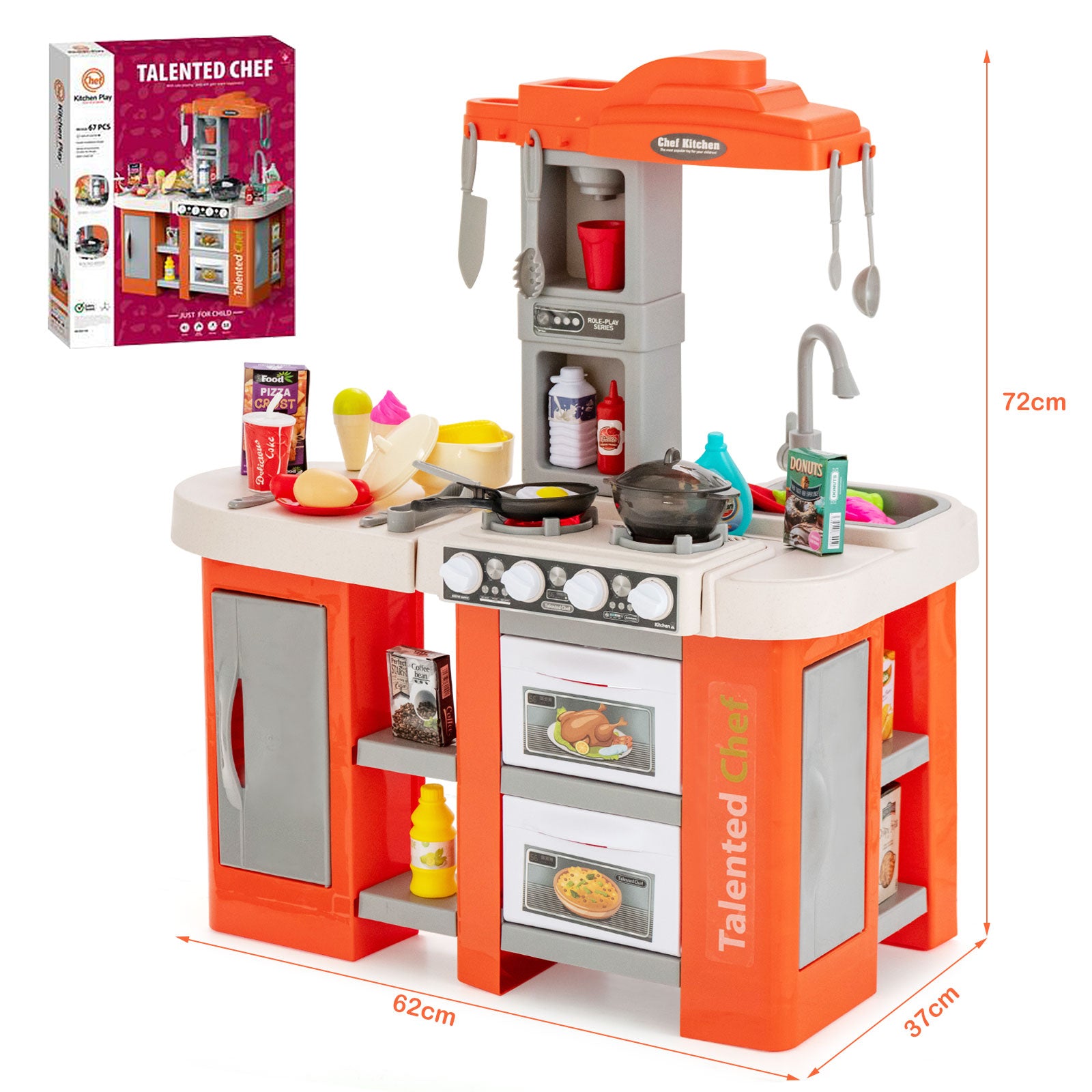 Kids Kitchen Playset with 67 Pieces Accessories and Realistic Lights-Orange