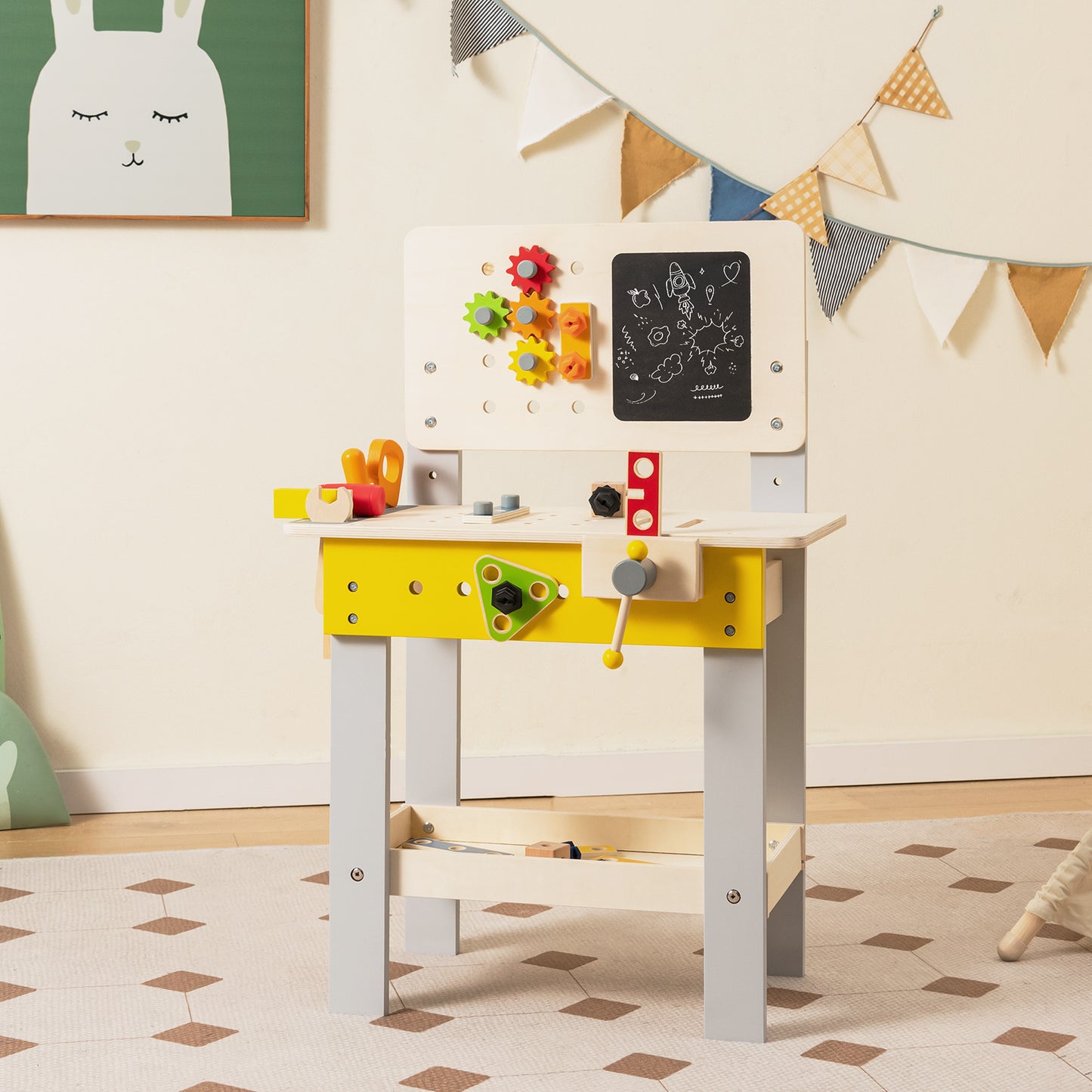 Kids Wooden Workbench with Blackboard Saw Hammer and Screwdriver