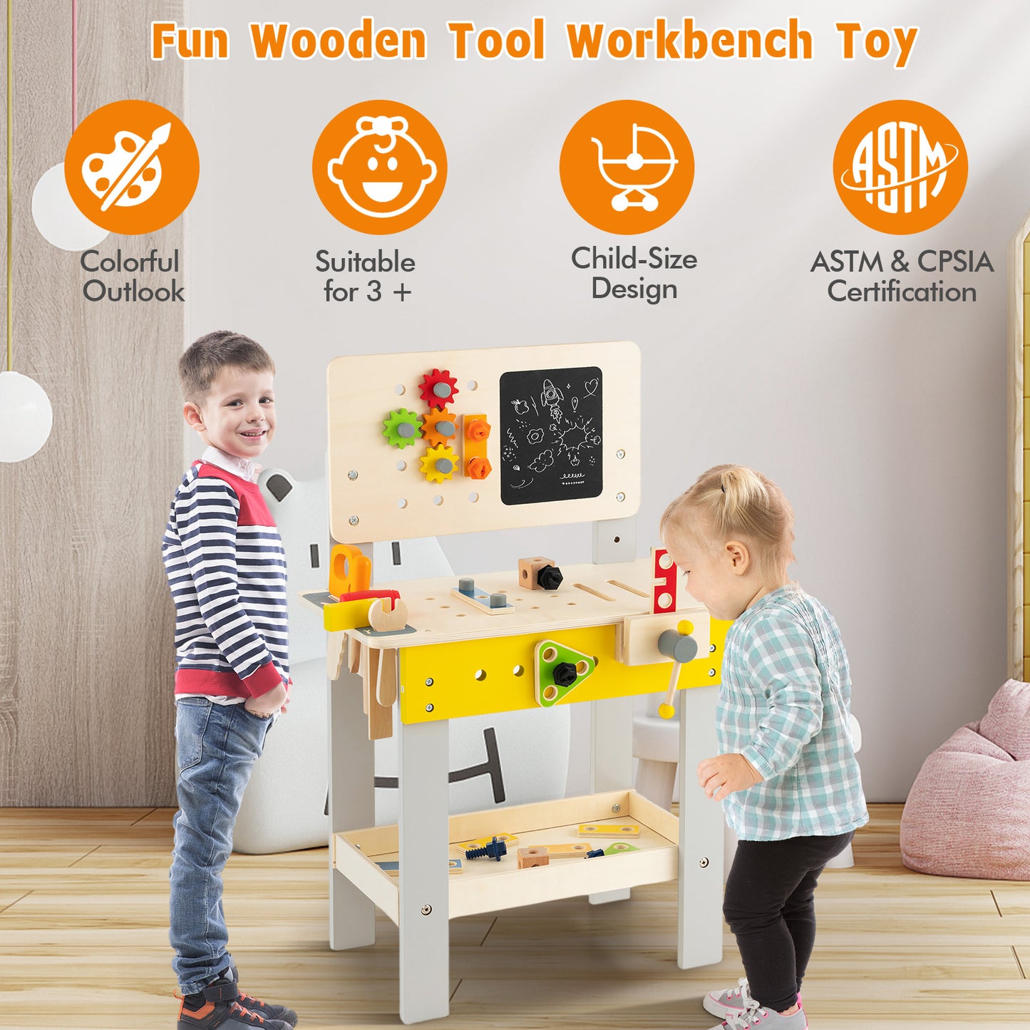 Kids Wooden Workbench with Blackboard Saw Hammer and Screwdriver