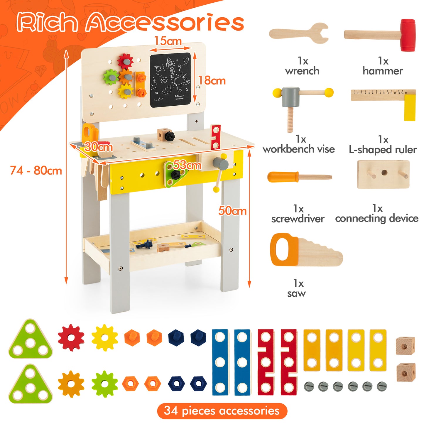 Kids Wooden Workbench with Blackboard Saw Hammer and Screwdriver