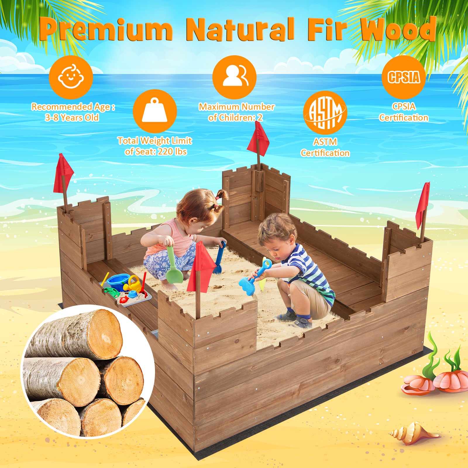 Solid Wood Kids Sandbox with 2 Bench Seats for Age 3+