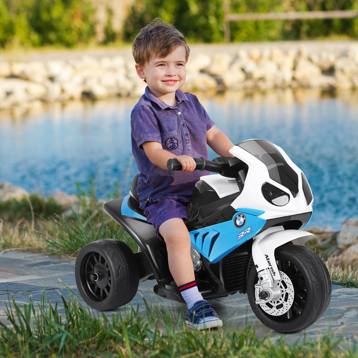 6V Kids Ride on Motorcycle with Training Wheels and Head Light-Blue