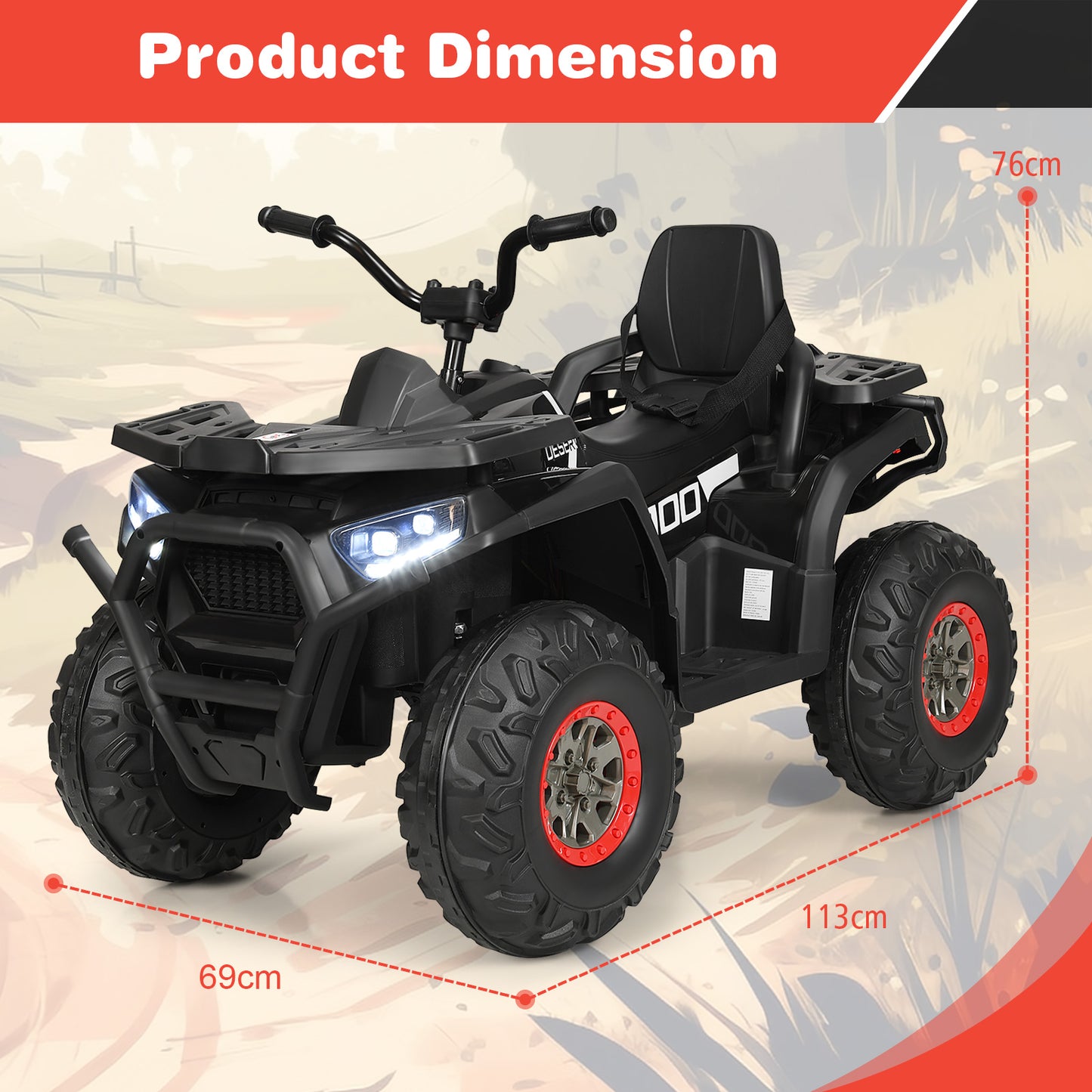 12V Kids Electric 4-Wheeler ATV Quad Ride On Car Toy with LED Lights and Music-Black