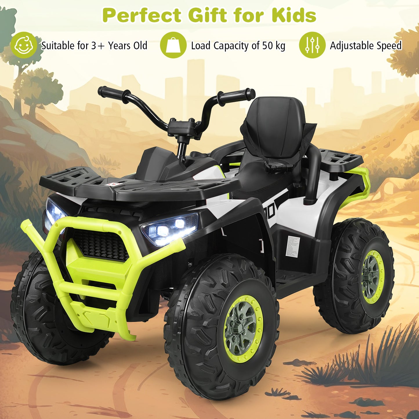 12V Kids Electric 4-Wheeler ATV Quad Ride On Car Toy with LED Lights and Music-White