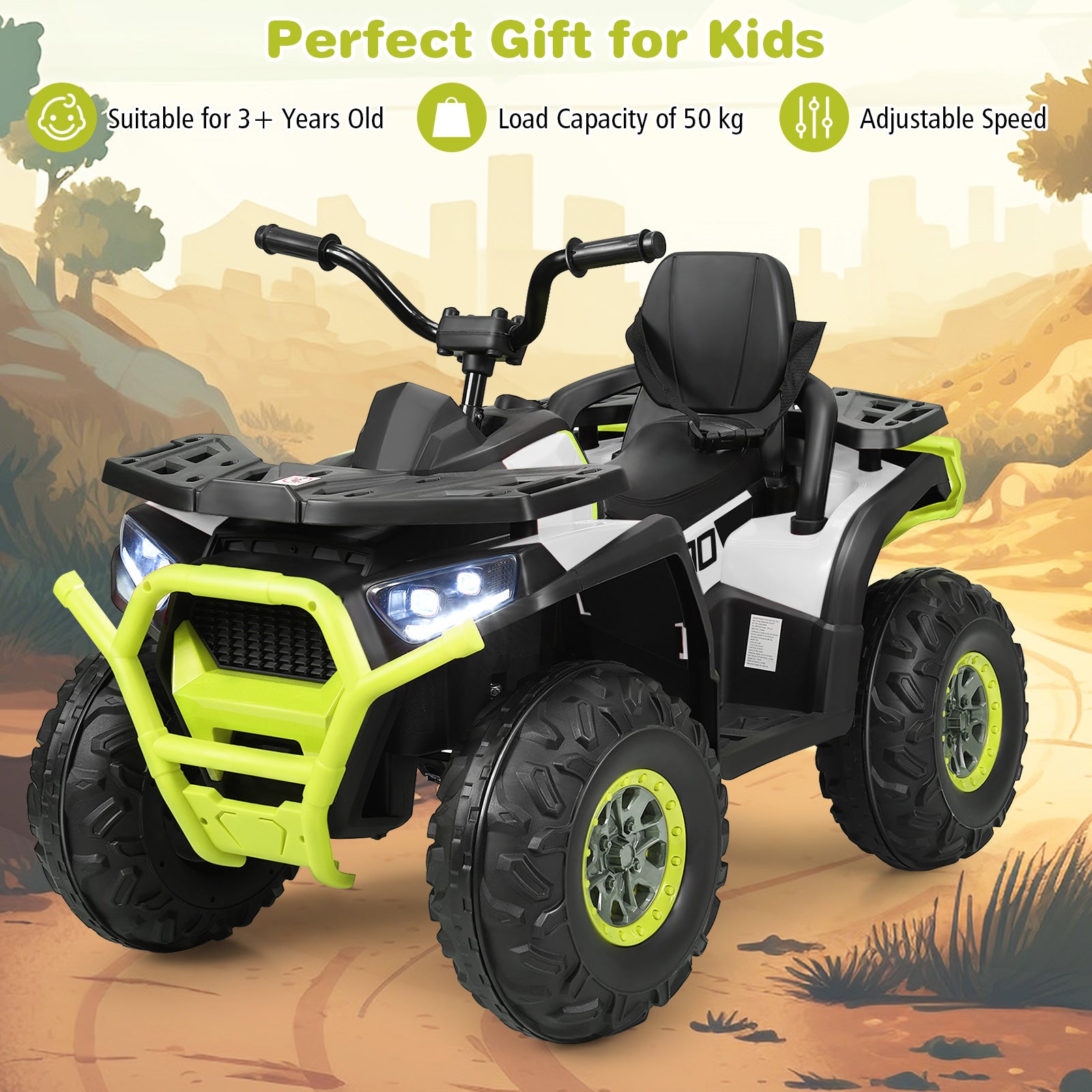 12V Kids Electric 4-Wheeler ATV Quad Ride On Car Toy with LED Lights and Music-White