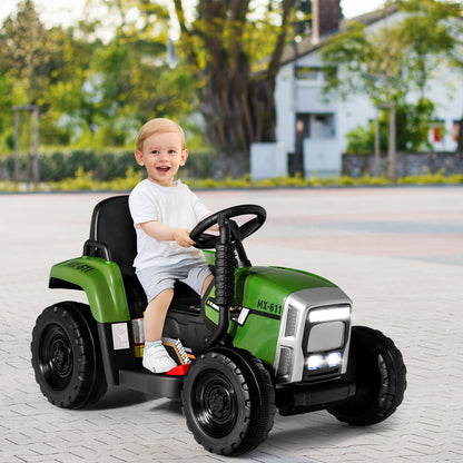 12V Kids Ride On Tractor with Trailer Music and LED Lights-Dark Green