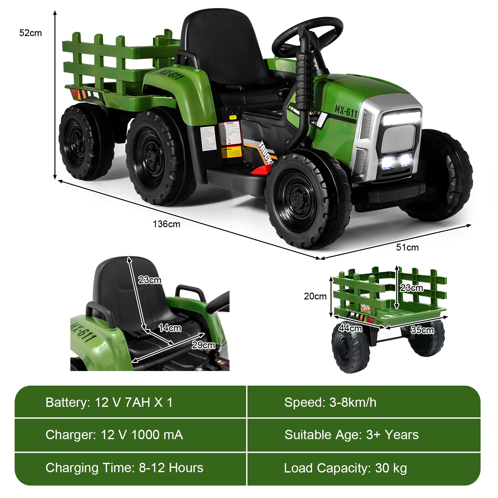 12V Kids Ride On Tractor with Trailer Music and LED Lights-Dark Green