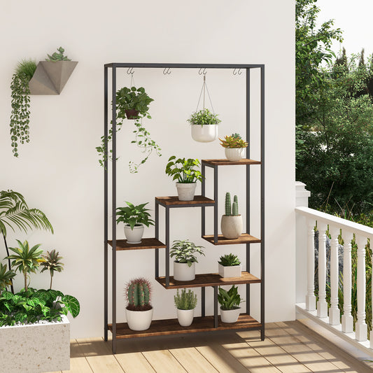 6-tier Tall Plant Stand with 10 Hanging Hooks and Wire Shelf for Multiple Plants-Rustic Brown