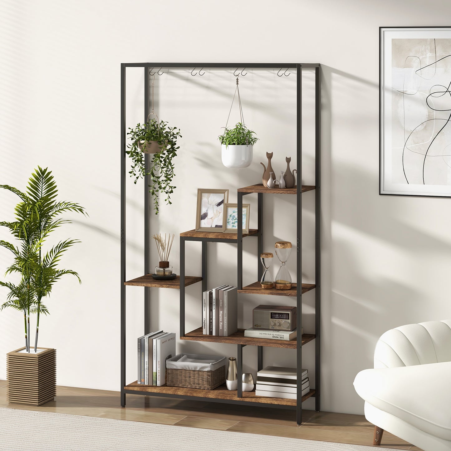 6-tier Tall Plant Stand with 10 Hanging Hooks and Wire Shelf for Multiple Plants-Rustic Brown