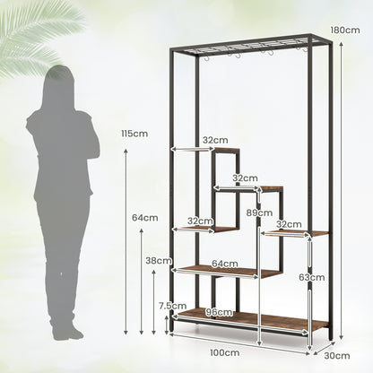 6-tier Tall Plant Stand with 10 Hanging Hooks and Wire Shelf for Multiple Plants-Rustic Brown