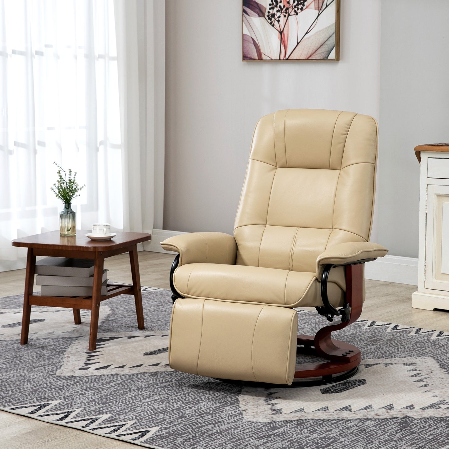 HOMCOM Swivel Recliner, Faux Leather Reclining Chair, Upholstered Armchair with Wooden Base for Living Room, Bedroom, Cream