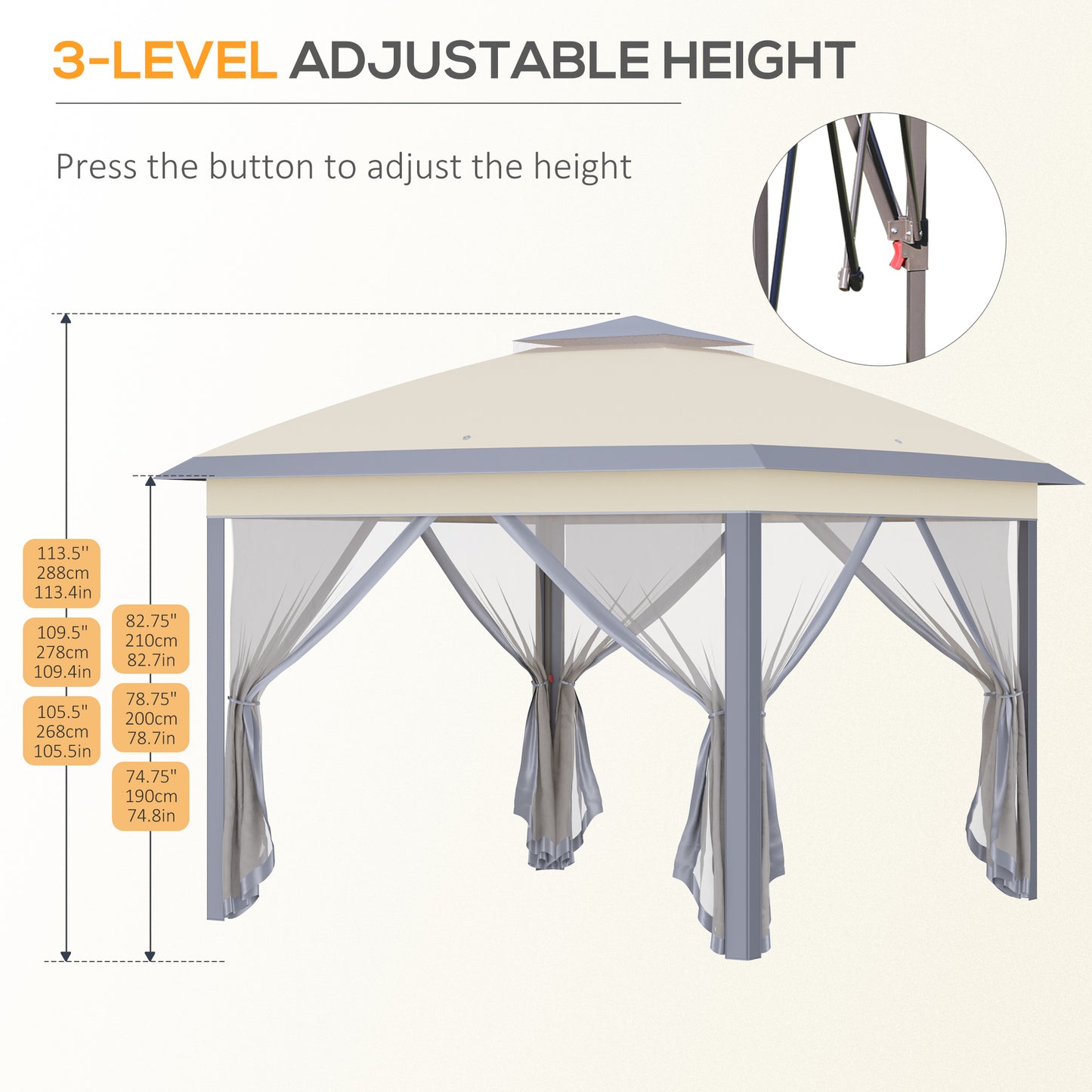 Outsunny 11' x 11' Pop Up Canopy, Double Roof Foldable Canopy Tent with Zippered Mesh Sidewalls, Height Adjustable and Carrying Bag, Event Tent Beige