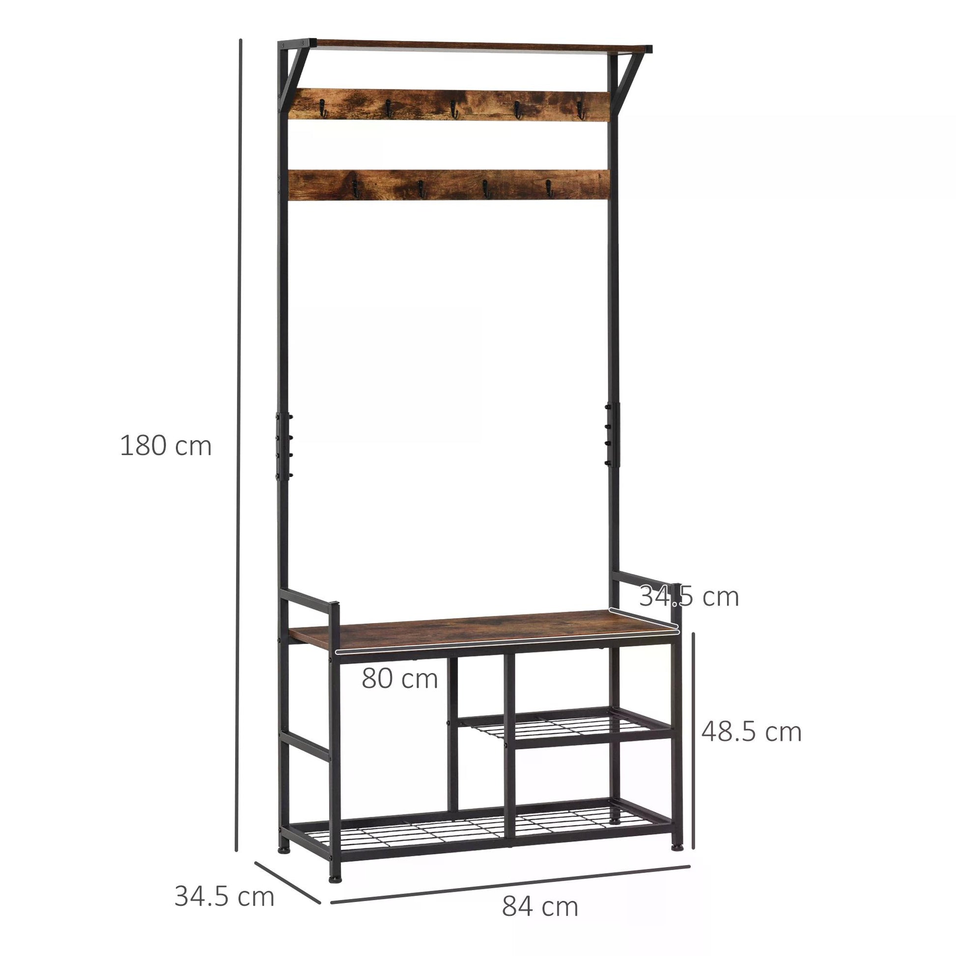 HOMCOM Coat Rack Coat Stand Shoe Storage Bench with 9 Hooks Shelves for Bedroom Living Room Entryway Brown and Black 180cm