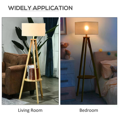 HOMCOM Freestanding Tripod Floor Lamp Bedside Light Reading Light with Storage Shelf Linen Shade for Living Room Bedroom, 154cm, Cream