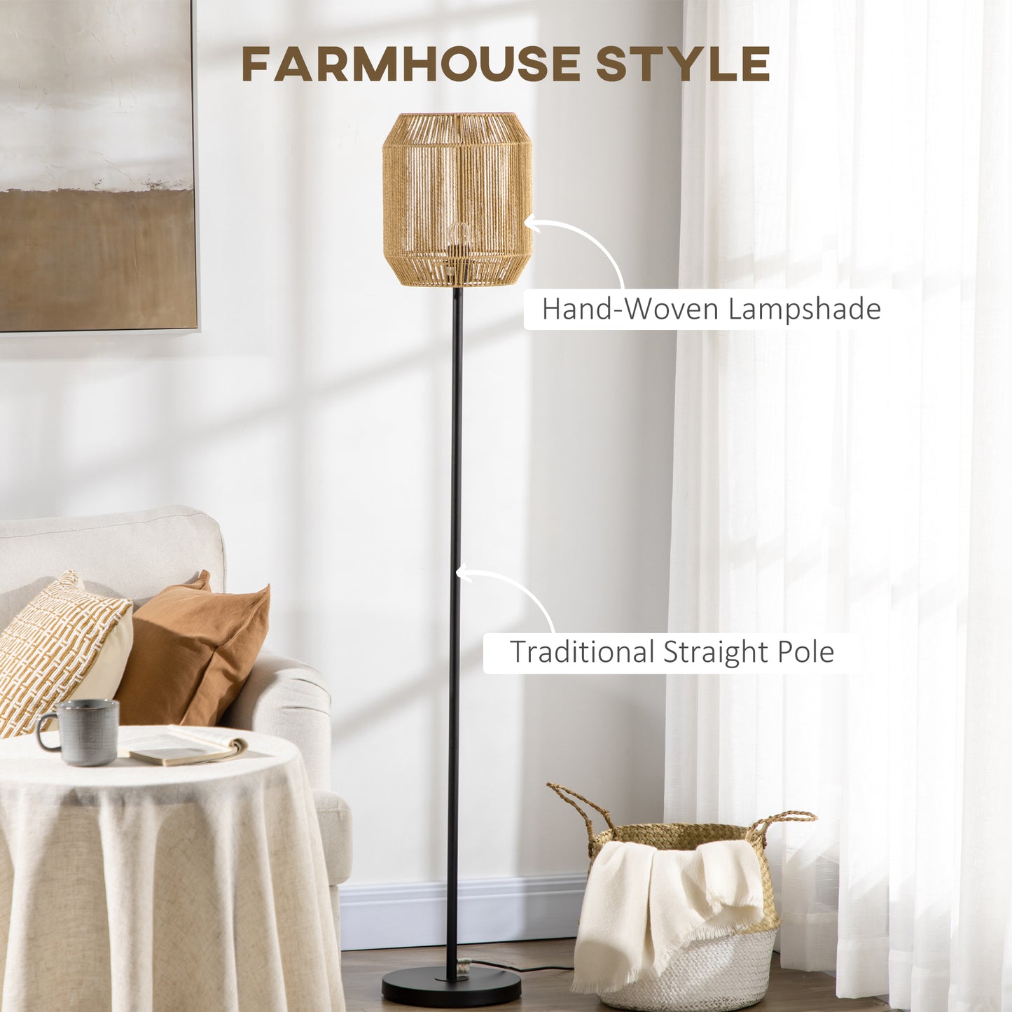 HOMCOM Farmhouse Standing Lamp, Floor Lamps with Hand Woven Rattan Lampshade for Living Room