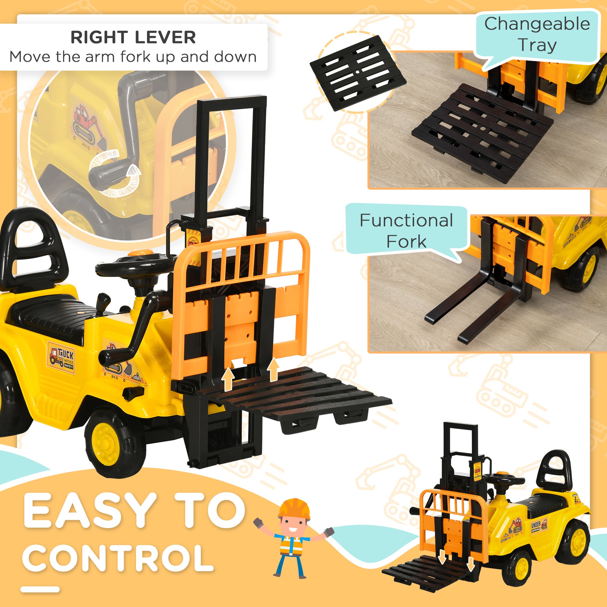 HOMCOM Kids Ride on Forklift Truck with Fork and Tray, Ride on Tractor with Under Seat Storage, Treaded Wheels, No Power Design, Controllable Level