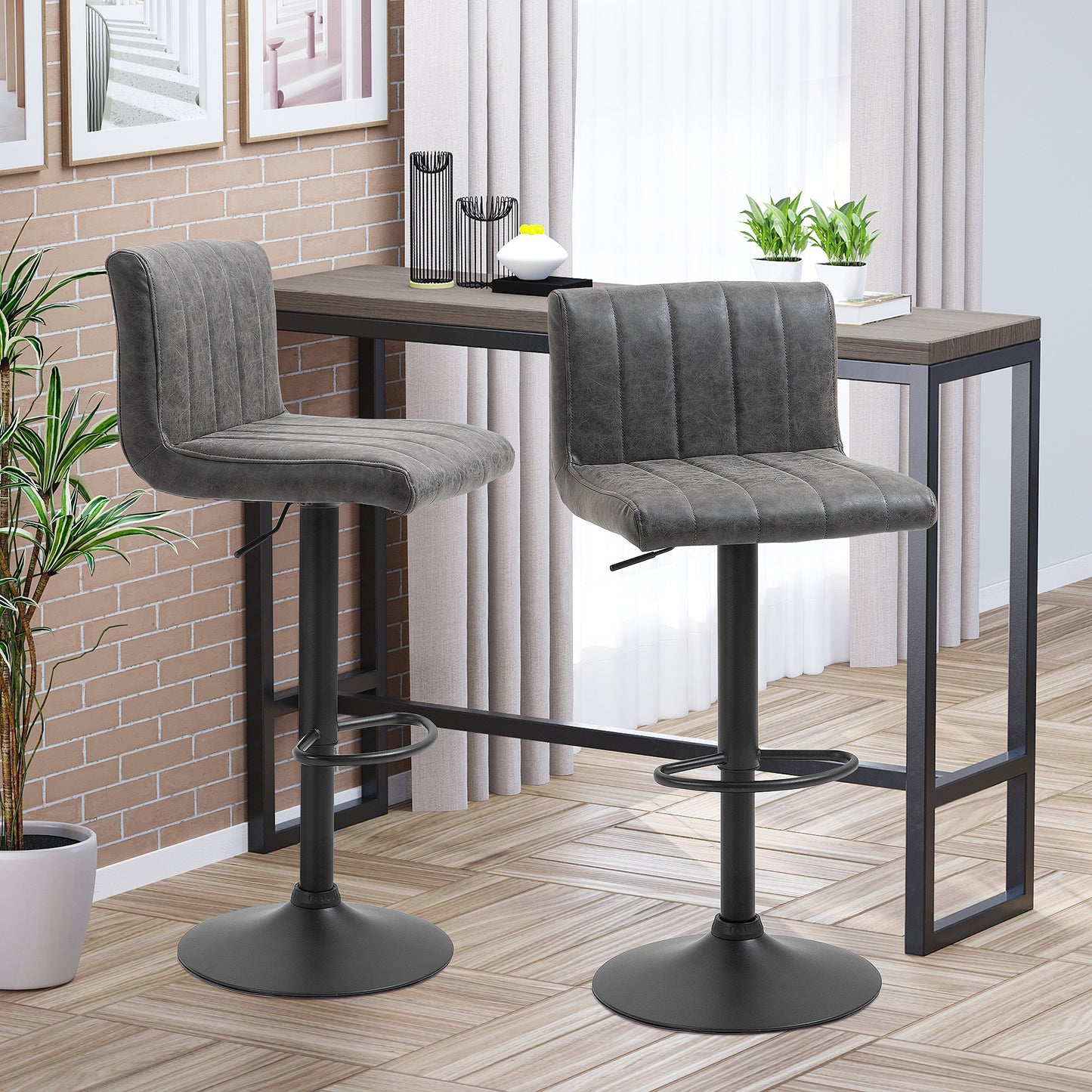 HOMCOM Set of 2 Adjustable Height Bar Chairs with Footrest, Bar Stools Set of 2 for Home Dining Areas, PU Leather, Gas Lift, Grey