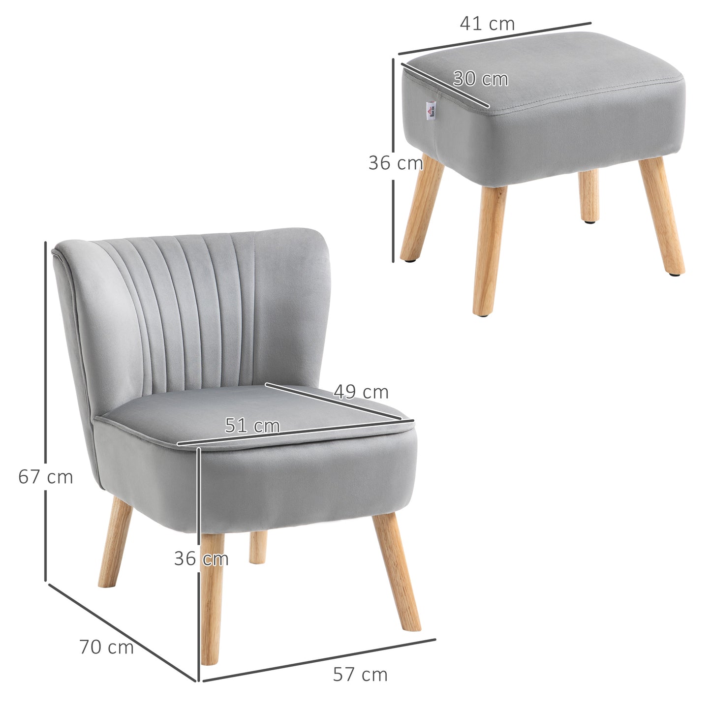 HOMCOM Velvet Accent Chair Occasional Tub Seat Padding Curved Back with Ottoman Wood Frame Legs Home Furniture Light Grey