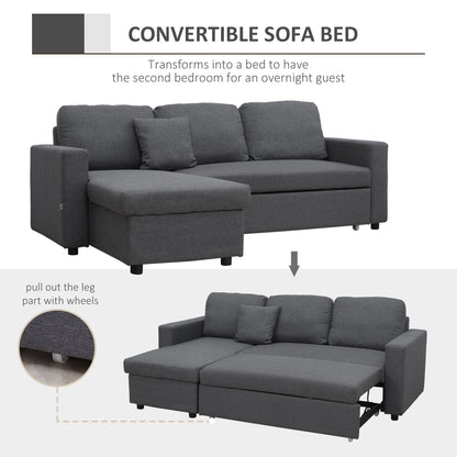 HOMCOM 3 Seater Corner Sofa Bed with Storage, L Couches for Living Room with Chaise Lounge, Double Sofa, Grey