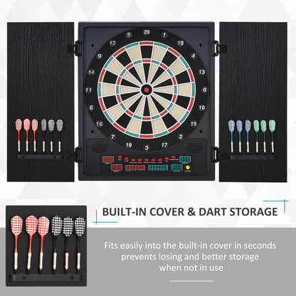 HOMCOM Electronic Dartboard In Case LED Scoreboard w/ 12 Darts 30 Heads Side Storage Cabinet Classic Game Family Fun Game Black White