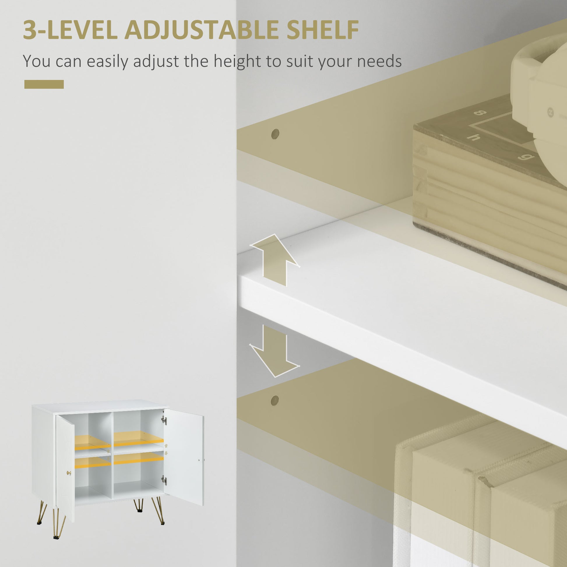 HOMCOM Storage Cabinet Slim Sideboard with Golden Hairpin Legs Adjustable Shelves for Living Room Dining Room Hallway White