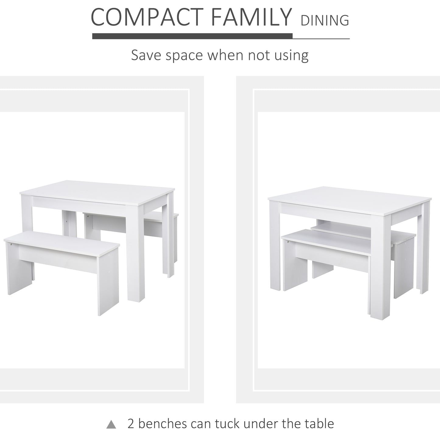 HOMCOM Kitchen Dining Table and 2 Benches Set, Table and Chairs Set for Limited Space, White