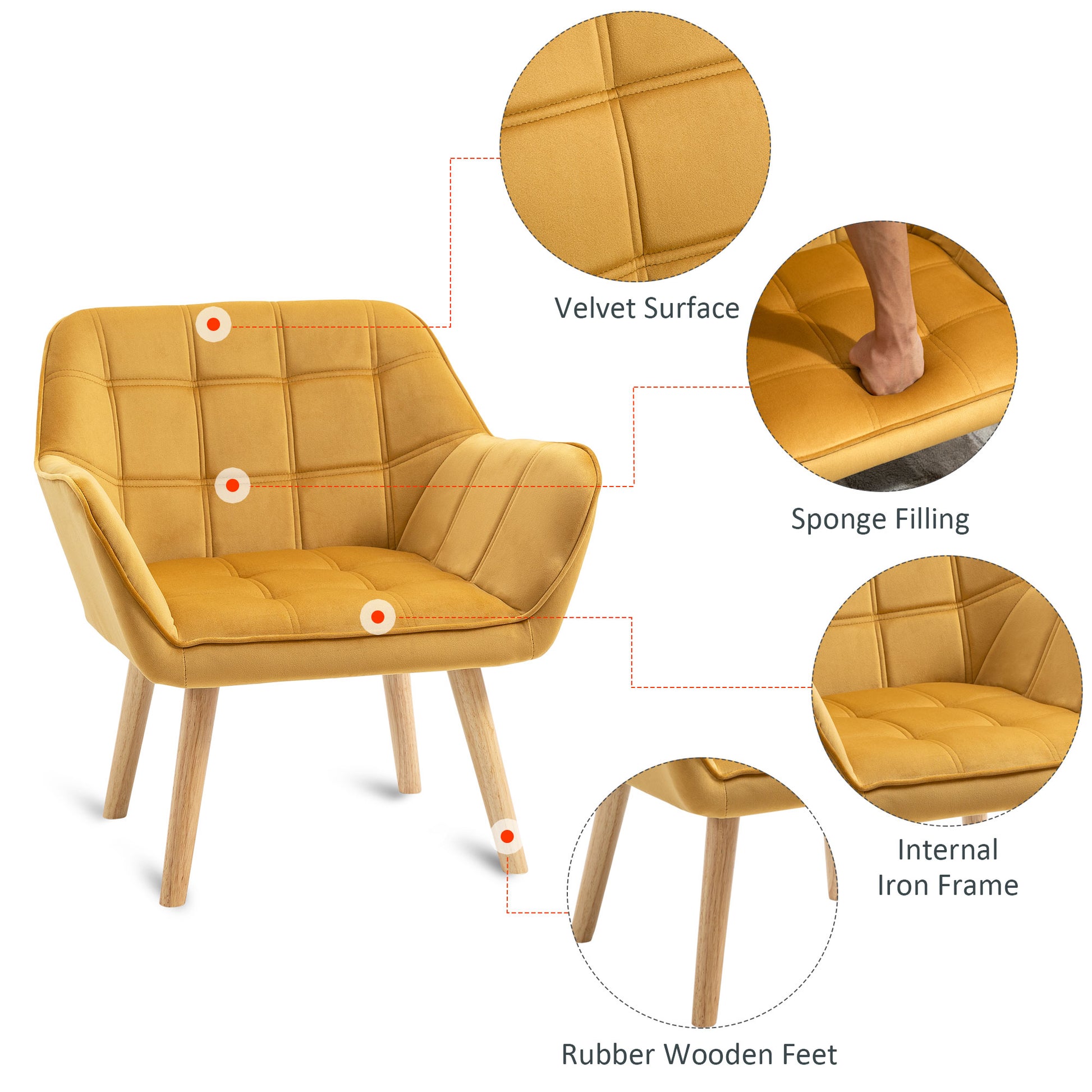 HOMCOM Armchair Accent Chair Wide Arms Slanted Back Padding Iron Frame Wooden Legs Home Bedroom Furniture Seating Yellow