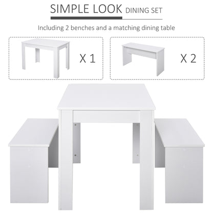 HOMCOM Kitchen Dining Table and 2 Benches Set, Table and Chairs Set for Limited Space, White