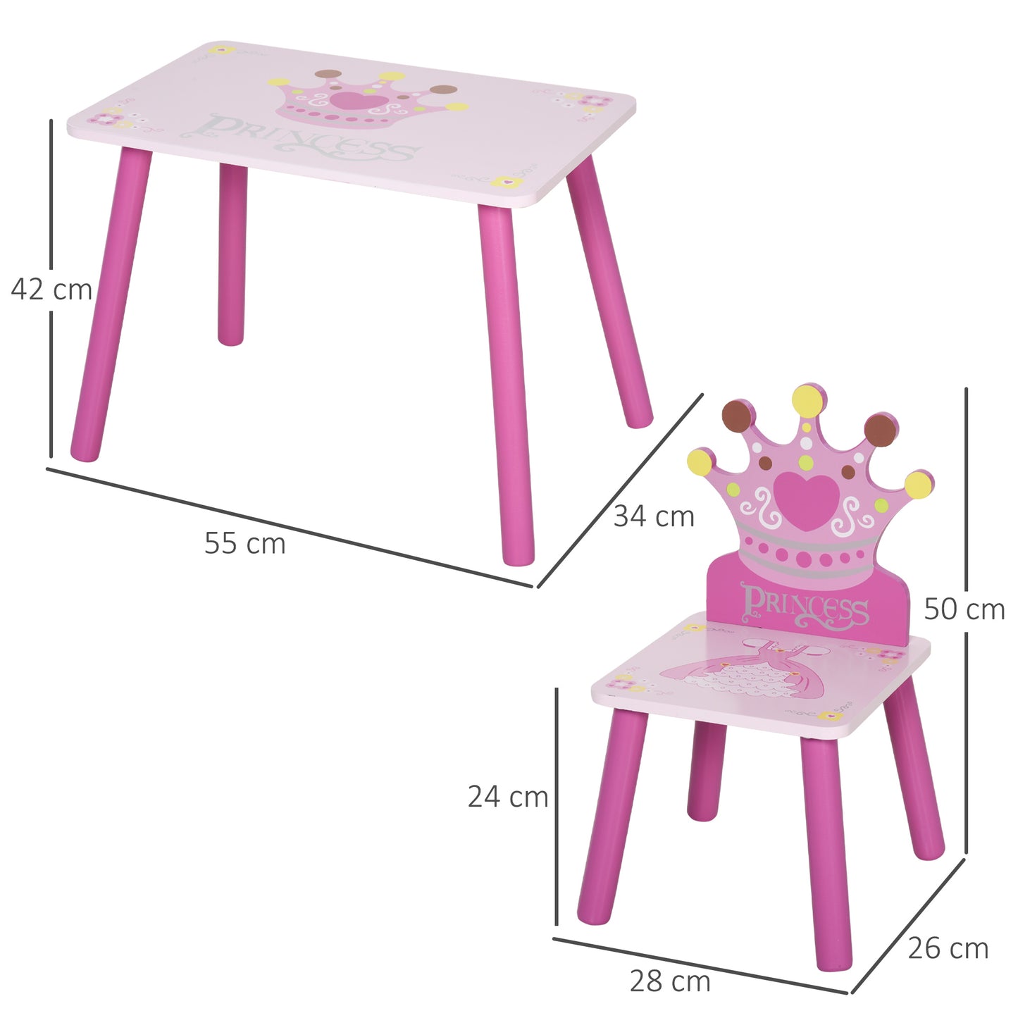 HOMCOM 3-Piece Set Kids Wooden Table Chair with Crown Pattern Easy to Clean Gift for Girls Toddlers Age 3 to 8 Years Old Pink