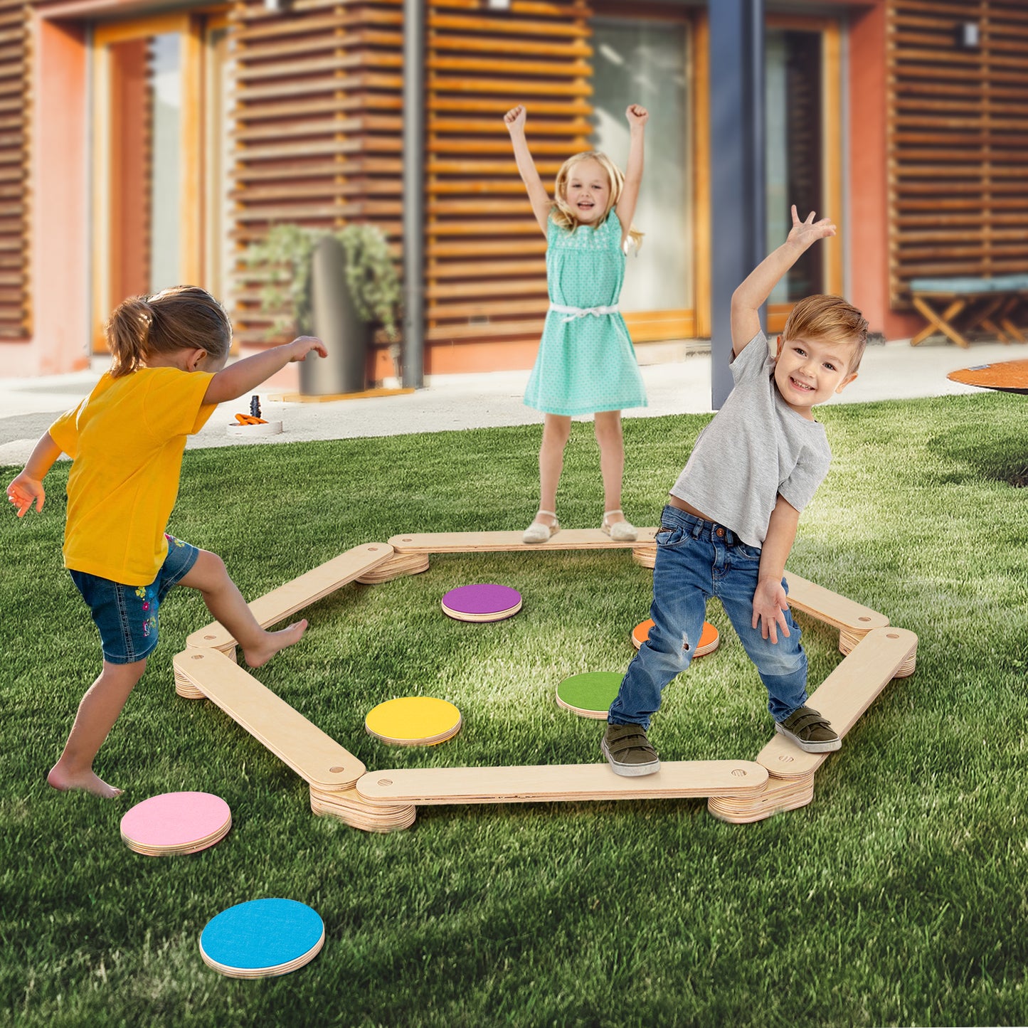 12 Pcs Kids Wooden Balance Beam with Colorful Steeping Stones