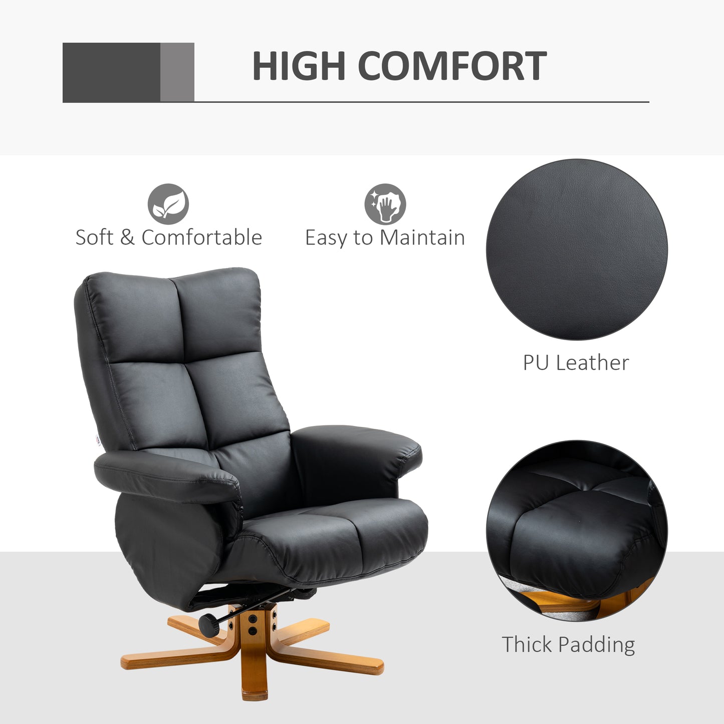 HOMCOM Faux Leather Swivel Recliner Chair with Footstool, Wooden Base and Storage for Living Room, Black