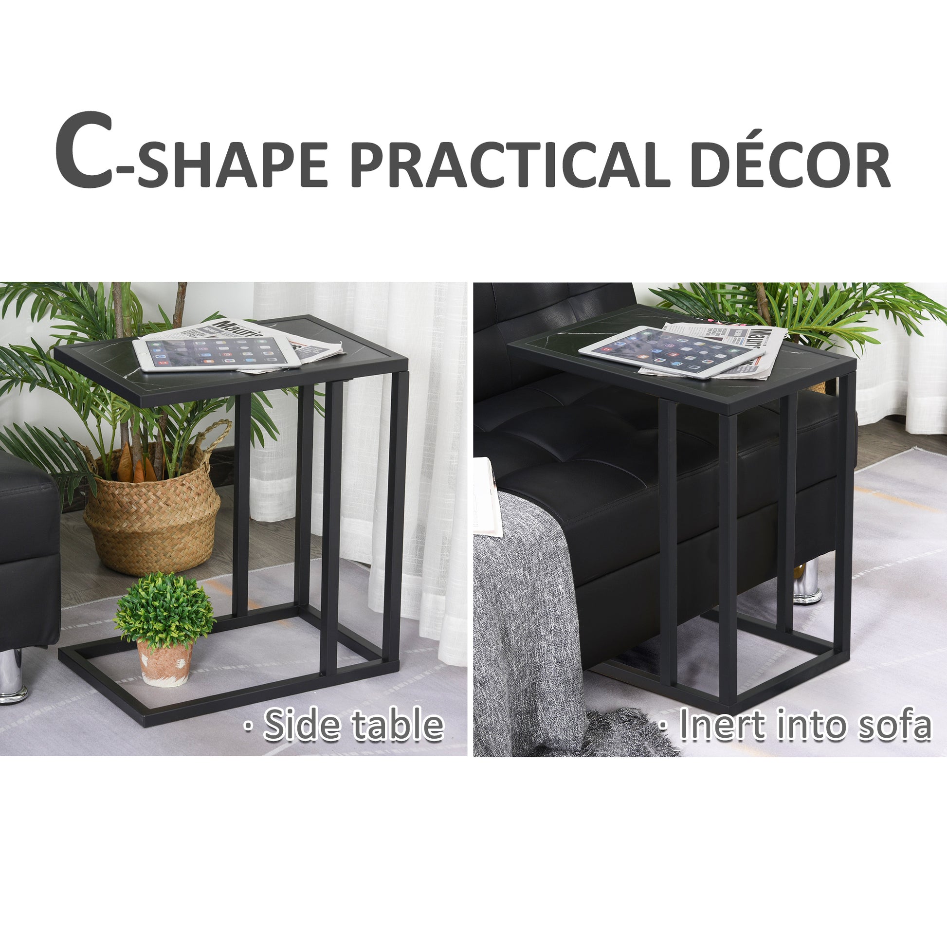 HOMCOM C Shape Side Table Marble-Effect Top w/ Metal Frame Space-Saving Home Furniture Bedroom Living Room Office Corner Desk Black White